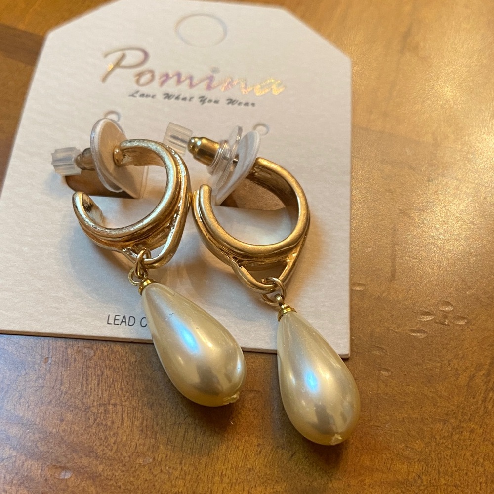 Gold Hoop Earrings with Ivory Teardrop Pearl Dangles by Pomina